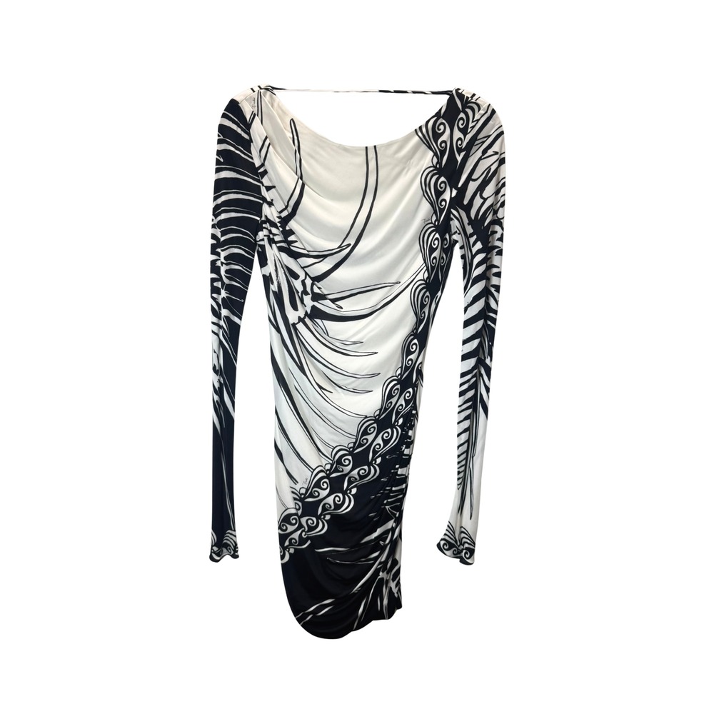 Emilio Pucci Resort 2010 Black and White Abstract Printed Ruched Cowl Back Dress